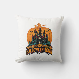Halloween Town Vintage Haunted Castle Pumpkin Desi Throw Pillow