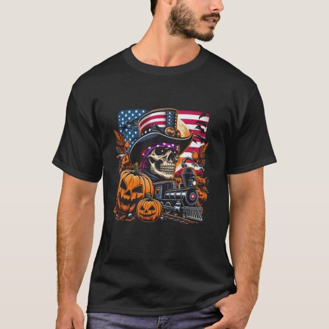 Halloween Train and Skull With Pumpkin American Fl T-Shirt (Front)