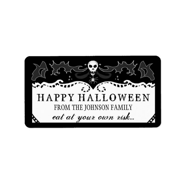Halloween Traite Étiquette - Crâne noir et blanc (Devant)