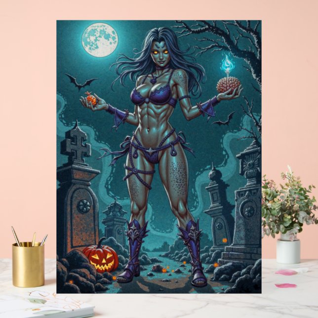 Halloween Treat or Zombie Girlfriend w Brains Acrylic Sign (Wedding)