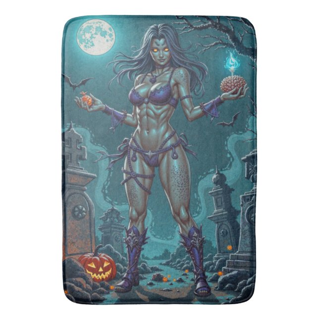 Halloween Treat or Zombie Girlfriend w Brains Bath Mat (Front Vertical)
