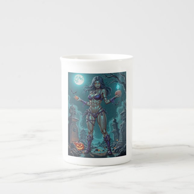 Halloween Treat or Zombie Girlfriend w Brains Bone China Mug (Front)