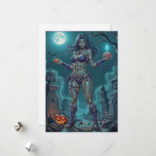 Halloween Treat or Zombie Girlfriend w Brains Holiday Card