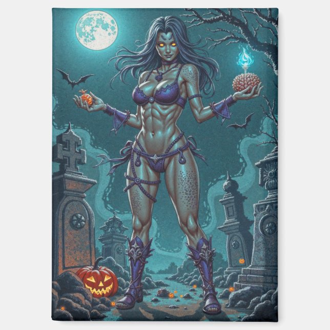 Halloween Treat or Zombie Girlfriend w Brains Magnet (Front)