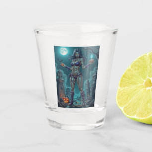 Halloween Treat or Zombie Girlfriend w Brains Shot Glass