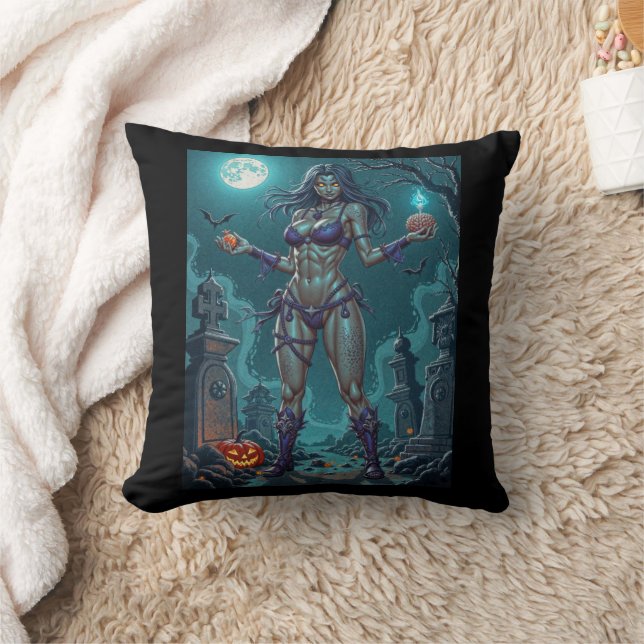 Halloween Treat or Zombie Girlfriend w Brains Throw Pillow (Blanket)