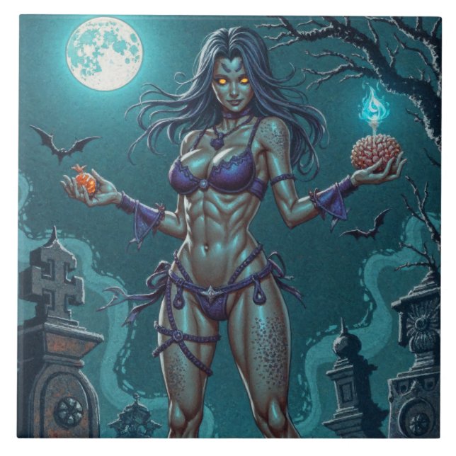 Halloween Treat or Zombie Girlfriend w Brains Tile (Front)