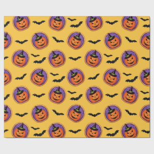 Halloween Treats Jack-O-Lantern & Bats Yellow Wrapping Paper