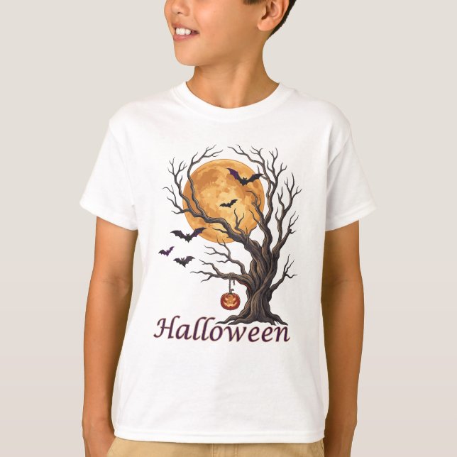 Halloween Tree and Pumpkin Jack-o'-Lantern T-Shirt (Front)