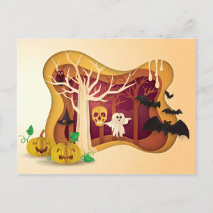 Halloween Tree Papercut Ghost & Skull Postcard