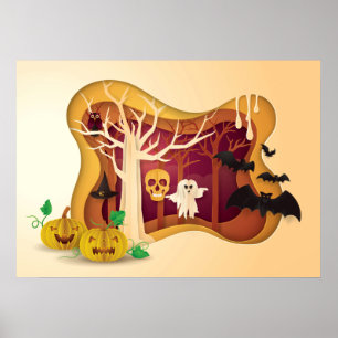 Halloween Tree Papercut Ghost & Skull Poster