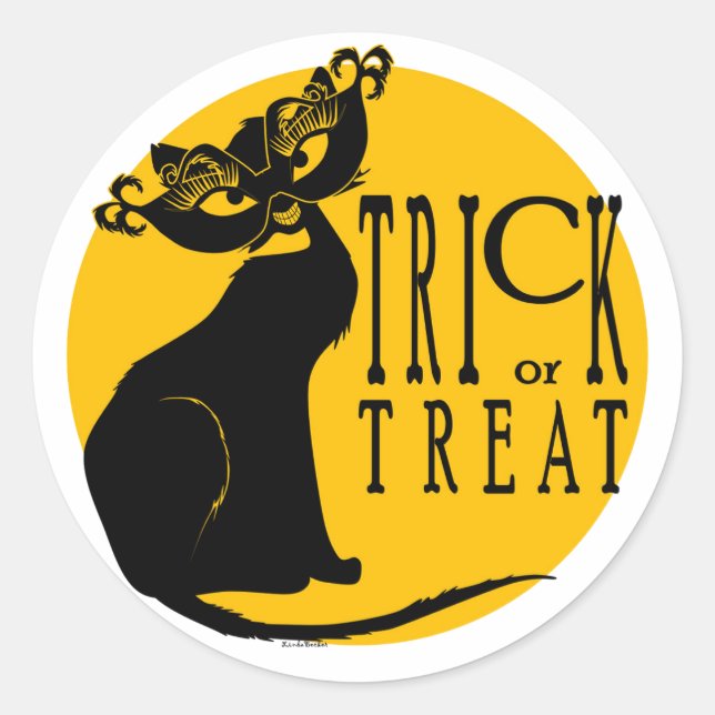 Halloween Trick or Treat Black Cat Round Sticker (Front)
