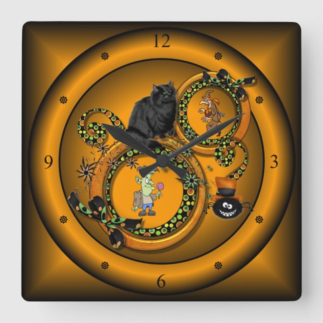 Halloween ~ Trick Or Treat ~ Black Cat ~ Witch ~ Square Wall Clock (Front)