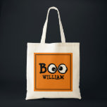 Halloween Trick Or Treat Cute Simple Ghost  Tote Bag<br><div class="desc">Goofy-eyed BOO for your Halloween. A simple design with goofy cross-eyed ghoul eyes saying BOO! Trick or treat fun will be had by all with this whimsical design. Happy Halloween fun with a black background and a simple white border, Personalize for yourself or your favourite ghosts and goblins. Happy Halloween...</div>