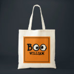 Halloween Trick Or Treat Cute Simple Ghost  Tote Bag<br><div class="desc">Goofy-eyed BOO for your Halloween. A simple design with goofy cross-eyed ghoul eyes saying BOO! Trick or treat fun will be had by all with this whimsical design. Happy Halloween fun with a black background and a simple white border, Personalize for yourself or your favourite ghosts and goblins. Happy Halloween...</div>