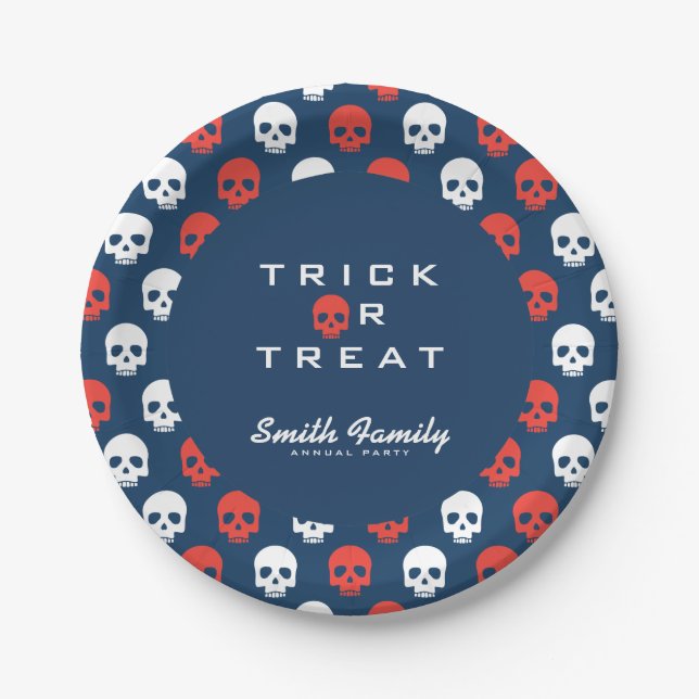 Halloween Trick or Treat Cute Skulls. Paper Plate (Front)