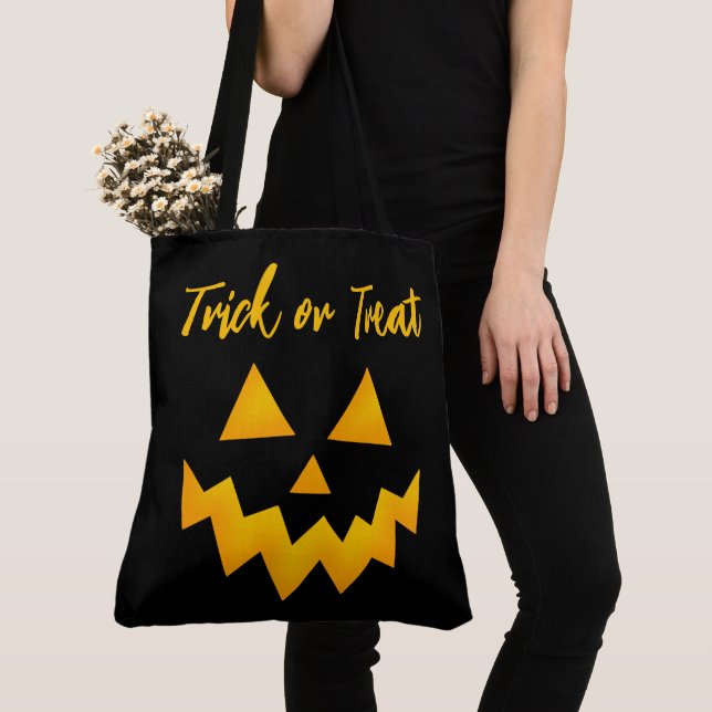 Halloween Trick or Treat Glowing Pumpkin Face Tote Bag (Close Up)
