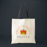 Halloween Trick or Treat Personalized Candy Corn Tote Bag<br><div class="desc">Cute, personalized trick or treat Halloween tote bag reads 'Trick or Treat' in curved, orange classic style letters over the traditional Halloween treat, candy corn. Bottom has personalized kid's name in matching style, black lettering. Fun trick or treat bags for kids. With black handle, which may be changed to several...</div>