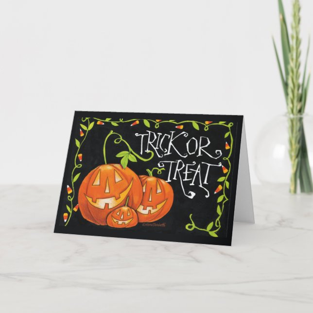 Halloween Trick or Treat Pumpkin and Candy Corn Card (Front)