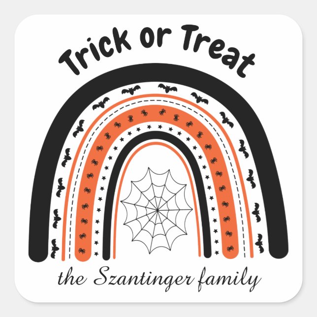 Halloween trick or treat rainbow bats personalized square sticker (Front)
