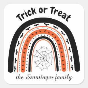 Halloween trick or treat rainbow bats personalized square sticker