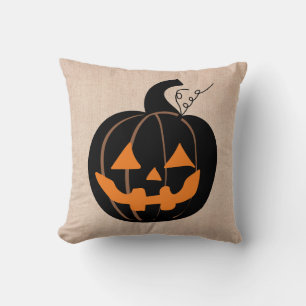 Halloween Trick or Treat Scary Pumpkin Burlap Throw Pillow