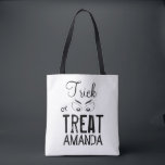 Halloween Trick Or Treat Simple Scary Ghost Eyes Tote Bag<br><div class="desc">A typography-inspired design with a spooky ghoul eye. Script font along with block and fun typography. A simple black and white design with geometric lines and squares. A great design to personalize for yourself or your little witches, ghosts, and goblins. A fun time will be had by all with this...</div>
