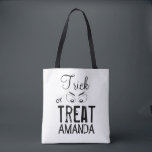 Halloween Trick Or Treat Simple Scary Ghost Eyes Tote Bag<br><div class="desc">A typography-inspired design with a spooky ghoul eye. Script font along with block and fun typography. A simple black and white design with geometric lines and squares. A great design to personalize for yourself or your little witches, ghosts, and goblins. A fun time will be had by all with this...</div>