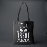 Halloween Trick Or Treat Simple Scary Ghost Eyes Tote Bag<br><div class="desc">A typography-inspired design with a spooky ghoul eye. Script font along with block and fun typography. A simple black and white design with geometric lines and squares. Personalize or customize this bag for yourself or for your favourite witch, ghost or goblin. This design features a Halloween trick or treats bag,...</div>