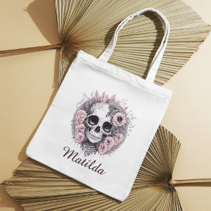 Halloween Trick Or Treat Skull Pink Roses Tote Bag