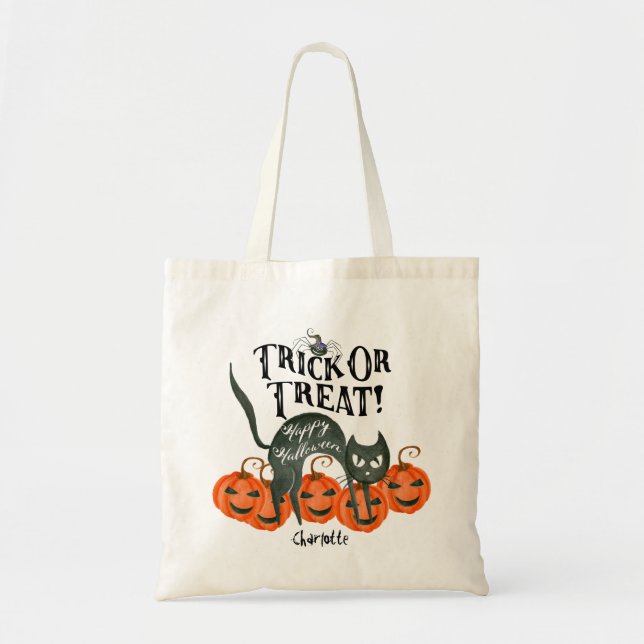 halloween trick or treat tote bag with name (Front)
