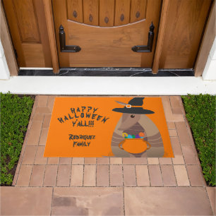 Halloween Trick-or-Treating Armadillo Witch Texas Doormat