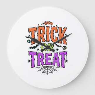 Halloween Trick Treat Funny Spider Web Retro_1 Large Clock