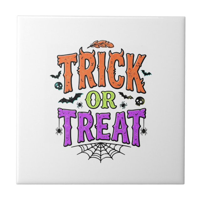 Halloween Trick Treat Funny Spider Web Retro_1 Tile (Front)