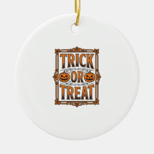 Halloween Trick Treat Pumpkin Skulls Vintage Engra Ceramic Ornament