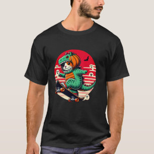 Halloween Tricolor Cat Dinosaur Costume Skateboard T-Shirt