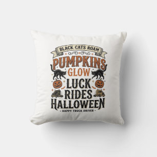 Halloween Truck Driver Shirt with Black Cats and P Throw Pillow