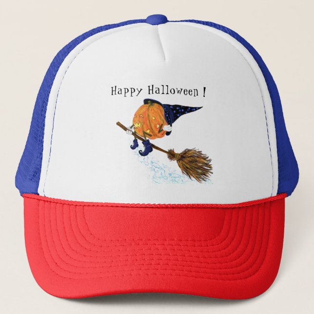 Halloween Trucker Hat Witch Pumpkin Flying Broom (Front)