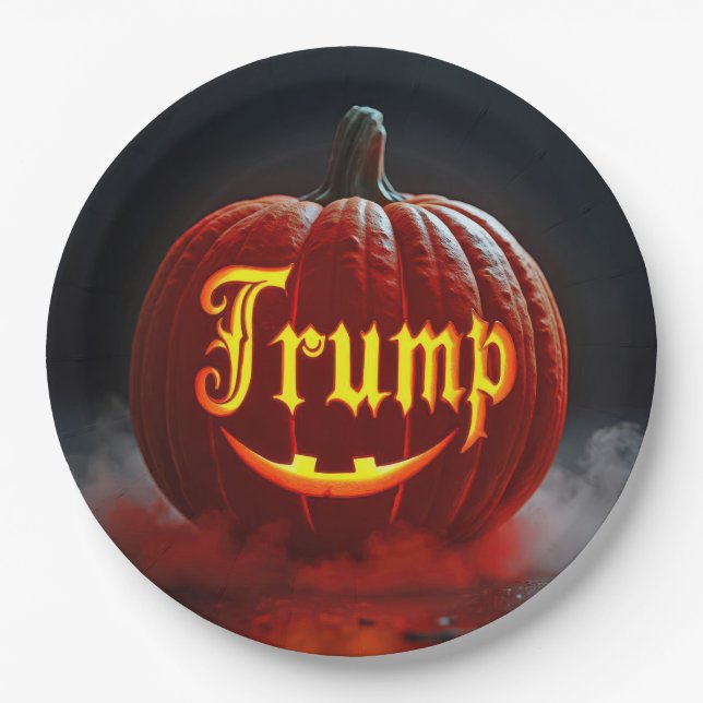 Halloween Trump Jack-o-lantern In Mist Paper Plate (Front)