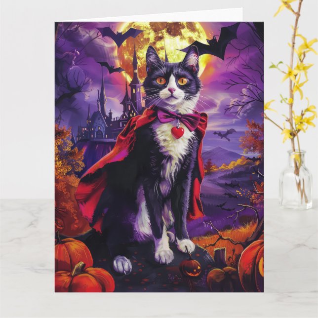 Halloween Tuxedo Cat Vampire Pumpkins Scary  Card (Yellow Flower)