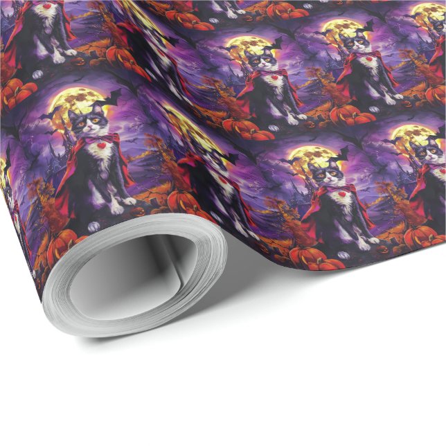 Halloween Tuxedo Cat Vampire Pumpkins Scary  Wrapping Paper (Roll Corner)