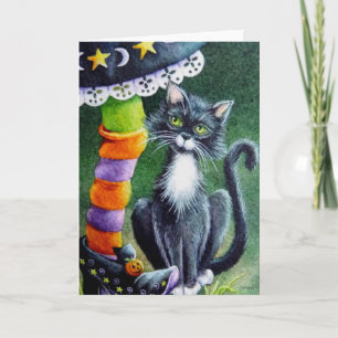 Halloween Tuxedo Cat & Witch Watercolor Art Card