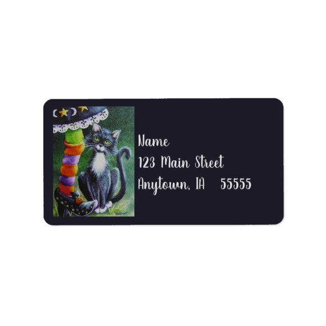 Halloween Tuxedo Cat & Witch Watercolor Art Label (Front)