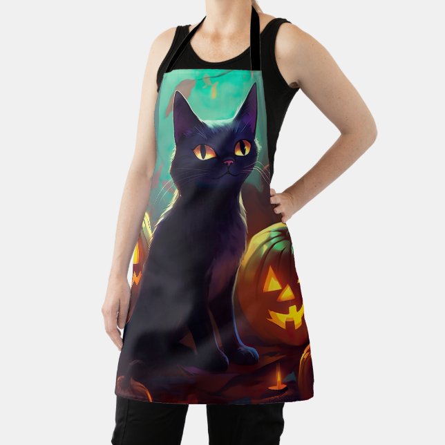 Halloween Tuxedo Cat With Pumpkins Scary Apron (Insitu)