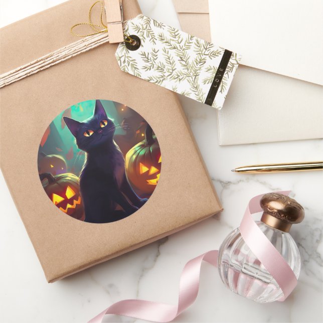 Halloween Tuxedo Cat With Pumpkins Scary Classic Round Sticker (Gifting)