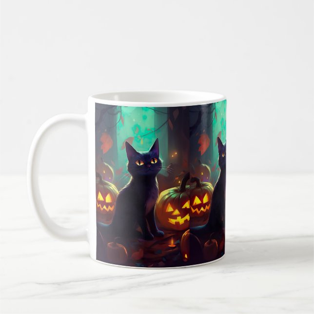 Halloween Tuxedo Cat With Pumpkins Scary Coffee Mug (Left)