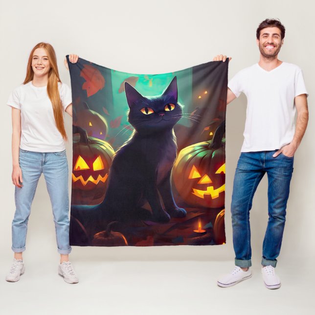 Halloween Tuxedo Cat With Pumpkins Scary Fleece Blanket (In Situ)