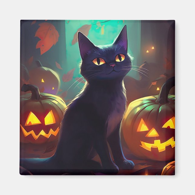 Halloween Tuxedo Cat With Pumpkins Scary Magnet (Front)