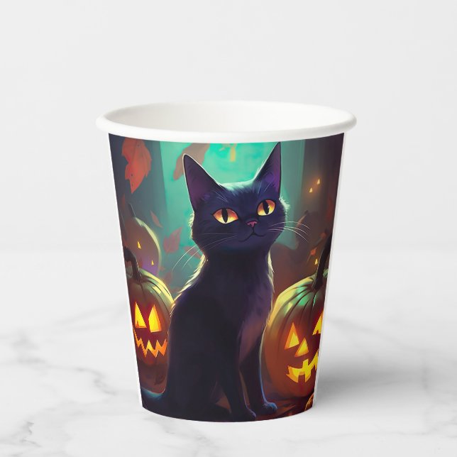 Halloween Tuxedo Cat With Pumpkins Scary Paper Cups (Front)