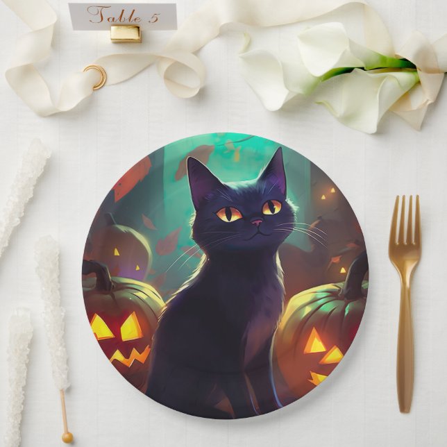 Halloween Tuxedo Cat With Pumpkins Scary Paper Plate (Wedding)